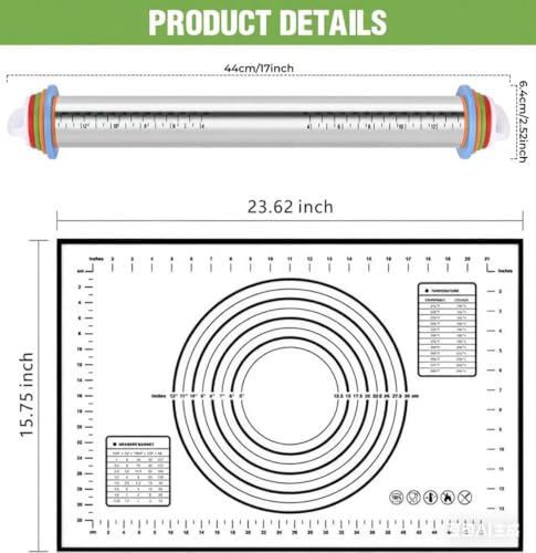 Rolling Pin with Adjustable Thickness Rings and Silicone Baking Pastry Mat Set (black） - Thumbnail 3