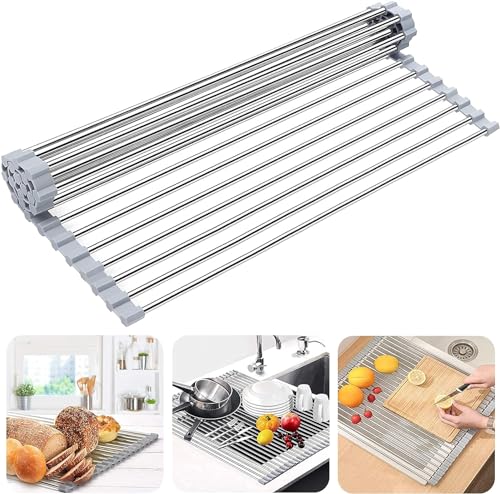 Utensilios De Cocina, Kitchen ANNIEMOOM Estante Enrollable para secar Platos, 47X36 CM Sus 304 Escurridor de Platos Enrollable sobre el Fregadero de la Cocina, Multiusos Plegable de Acero...