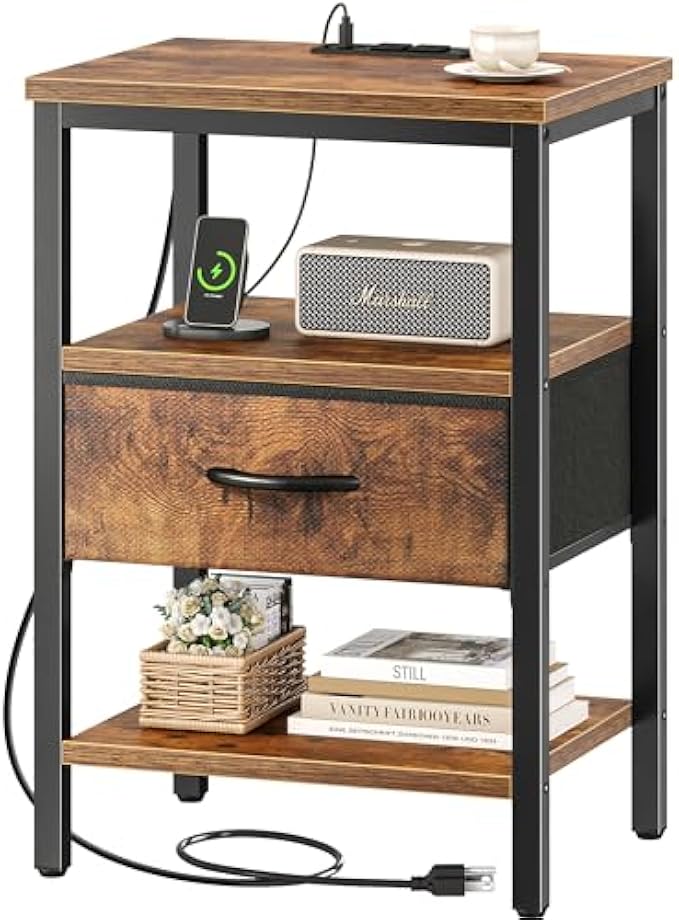 SUPERJARE Nightstand with Charging Station, Bed Side Table with Adjustable Fabric Drawer, Night Stand for Bedroom, 3-Tier Storage End Table, for Living Room, White