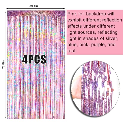 Image of 4 Packs Pink Foil Fringe Curtain, Pink Glitter Metallic Tinsel Backdrop for Birthday, Wedding, Baby Shower, Princess Bachelorette Cowgirl Party Decorations Supplies