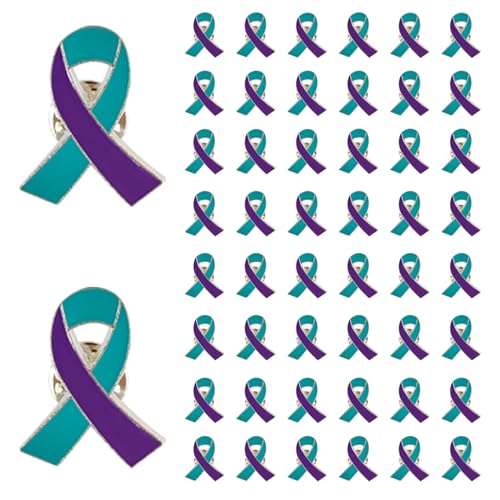 50Pcs Suicide Prevention Awareness Pins Purple & Teal Ribbon enamel Lapel Brooches Hope Pin