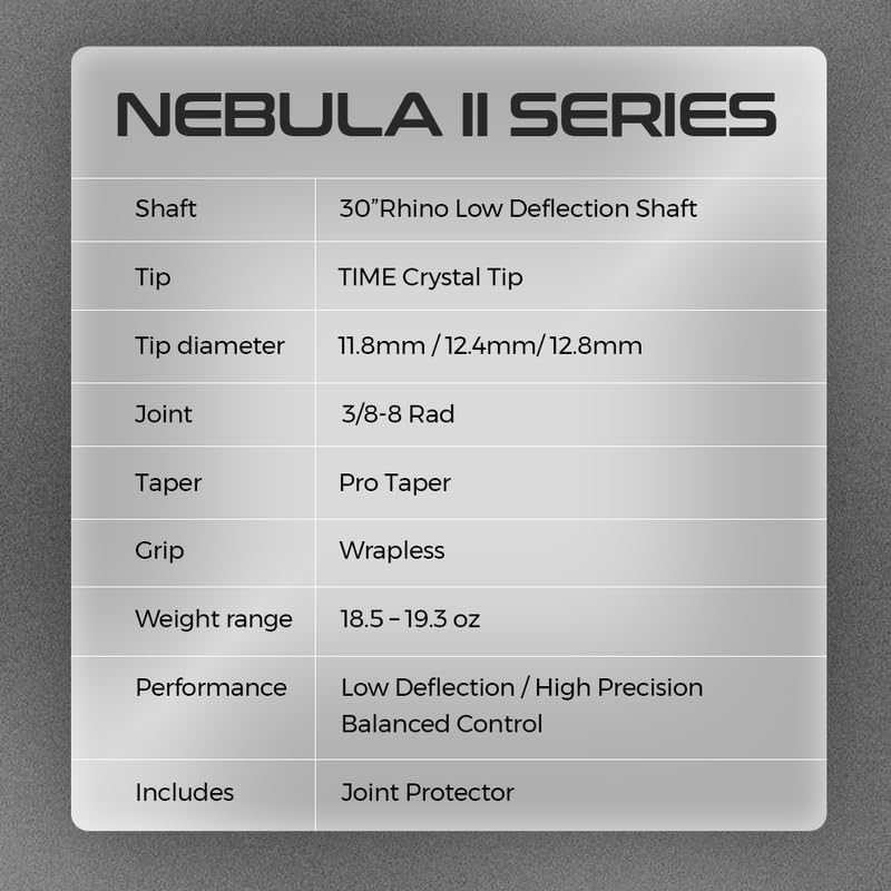 RHINO Nebula 2 Billardqueue – Premium-Kohlefaser-Schaft & Verbundkolben Time Crystal Tip Pro Taper Design 3/8-8 Gelenk, Wrapless Low Deflection Pool Queue