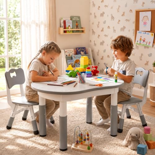 Seconda immagine Tavolo Bambini con 2 Sedie, Tavolo e Sedie Bambini a Forma di Arachidi, Regolabile in Altezza,Tavolo da Disegno in Plastica, confezione da 2 sedie,Tavolo Bambini Set per l'asilo e la Cameretta, Grigio