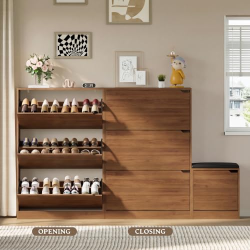 Image of BORNOON Shoe Cabinet with Bench and 3 Flip Drawers, Slim Narrow Shoe Storage Cabinet, Freestanding Shoe Rack Organizer with Adjustable & Removable Shelves, Anti-Tip for Entryway, Hallway, Foyer