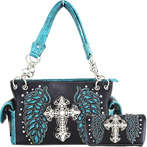 Western Style Cross Laser Cut Wings Purse Concealed Carry Handbags Women Country Shoulder Bag Wallet Set, 2black/Turq Set, L Cover