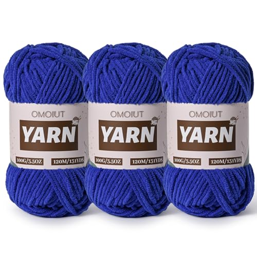 Image of 3 Packs Plush Chenille Chunky Crochet Yarn - Baby Yarn for Crocheting Soft - Velvet Yarns Knitting for Blankets Crafts - Fluffy Amigurumi Yarns 300g / 393yd (3 Sapphire Blue)