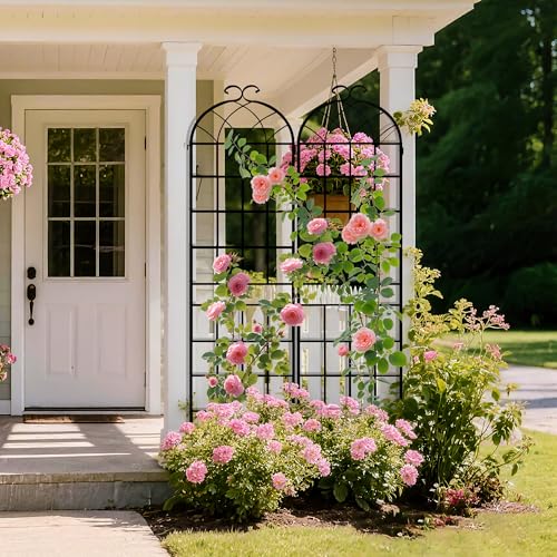 Image of 82.7 x 40in Rustic Iron Arch Decoration Garden Trellis with Black Metal Coating - Perfect for Supporting Climbing Plants Outdoor, Roses, Vines, Flowers, and Vegetables.