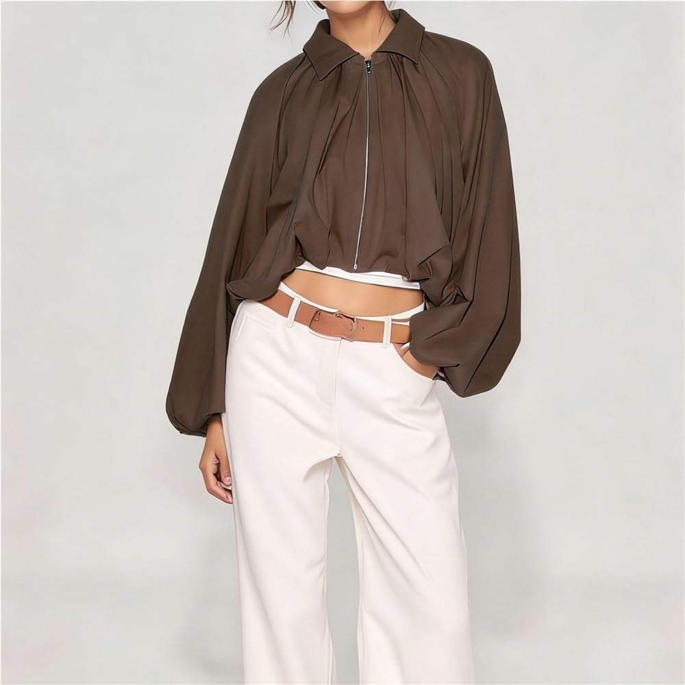 Générique Blouson Bomber Femme Printemps Automne, Manches Bouffantes Ourlet Bulle Court Col Revers Zip Ample, Veste Plissée Décontractée