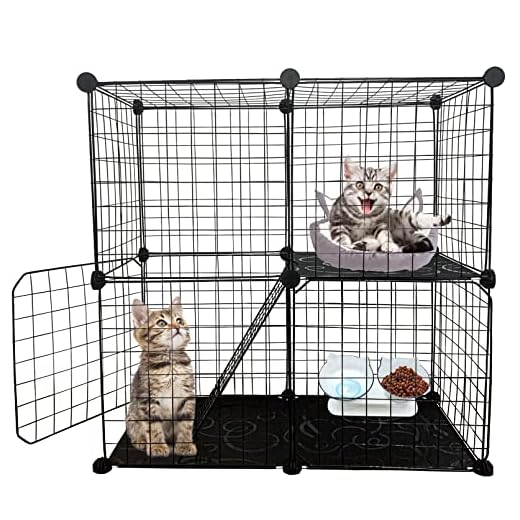 MUYG DIY Cat Cage,Pet Playpen Indoor, Detachable Metal Wire Small Animal Cages, 2-Tier Crate Large Exercise Place, Kitten Enclosures with 2 Door, 29.5 x 15.3 x 28.7 Inch, Black
