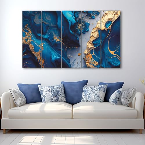 Image of The Castle Decor lord Blue Gold sparkle painting with frame 5 Big Size (27x48) Multiple Frames Wall Art Painting for living room,Bedroom,Drawing room,Hotels-Wooden Framed-Digital Painting