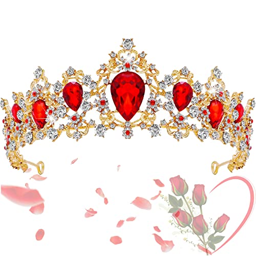 Tiaras de Novia Barroca Con Diamantes, Rojo Cristal Tiara, Tiara Cristalina de la Corona, Para Regalo de Cumpleaños, Tocado de Novia, Banquete y Fiesta de Cumpleaños(Rojo)