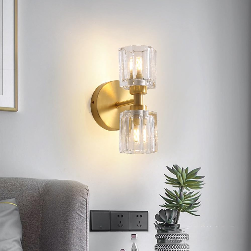 2 Applique da Parete in Ottone E Cristallo con Luce Verso l'Alto E Verso Il Basso per Interni Bagno Lampada da Parete Lineare Vintage Lampada da Parete in Vetro Lampade da Parete per Camera da Letto