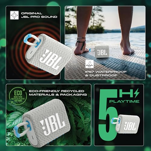 Image of JBL Go 3 Eco with eco-Friendly Recycled Materials and Packaging, Wireless Portable Bluetooth Speaker, Pro Sound, Vibrant Colors with Rugged Fabric Design, Waterproof, Type C (Without Mic, White)