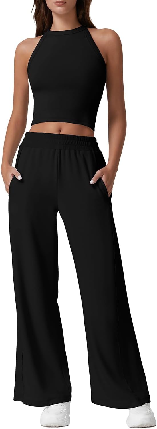 QINSEN Women’s 2 Piece Sets Summer Ribbed Knit Crop Tank Tops Wide Leg Pants Sleeveless Tracksuit