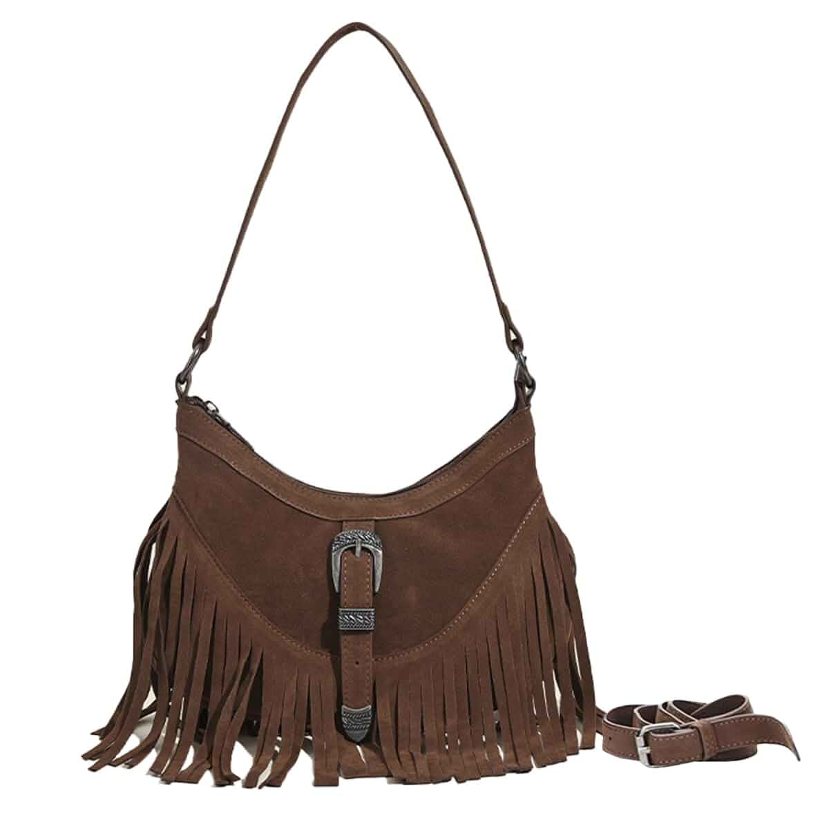 Sunwel Fashion Small Western Fringe Purse, Faux Suede Shoulder Bag Mini Cowgirl Hobo Bag, Underarm Purse with Detachable Crossbody Strap