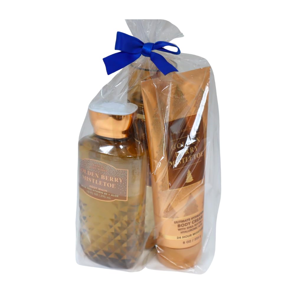 Bath & Body Works GOLDEN BERRY MISTLETOE 3pc Gift Set with a Blue Bow for Holidays & Gifts - Mist, Body Cream & Body Wash - Full Size