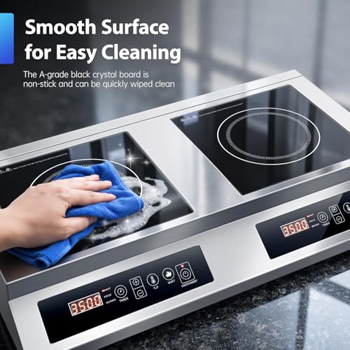 Image of Commercial Double Induction Cooktop 7000W, Dual Burner Countertop Stove with 10 Temperature & Power Levels, 4-Hour Timer,100% Copper Coil, Fit All Cookware for Home Kitchen Restaurant Catering