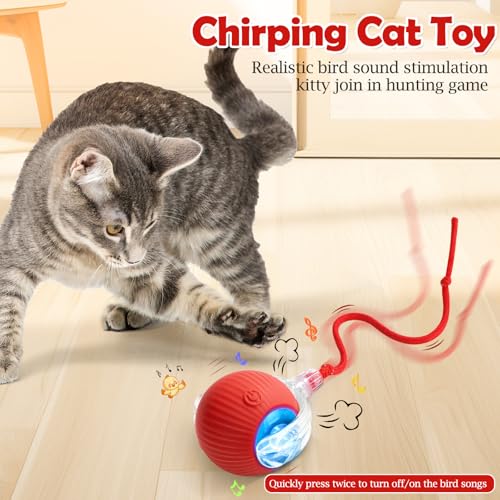 Image of Interactive Cat Toy - Cat Toys For Indoor Cats Smart Silicone Rolling Ball With Tail,Bird Sound,Obstacle Avoidance And Motion Activated,Kitten Puzzle Toys (Red)