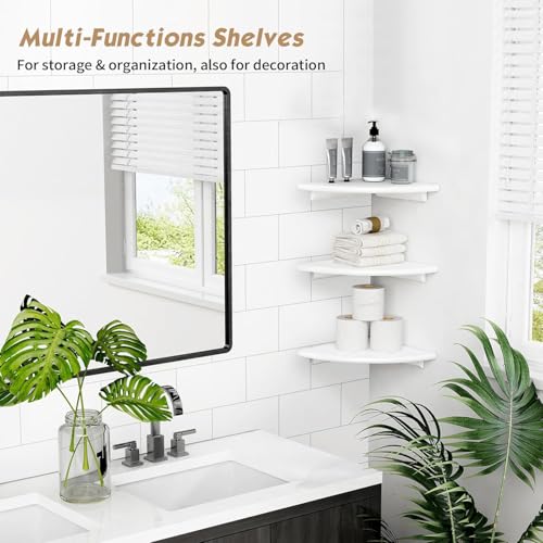 Image of UHUD CRAFTS Corner Floating Shelves for Wall Decor Set of 3, Wall Mounted Rounded Corner Book Shelves for Kids Bedroom & Books, Decorative Storage Shelf for Bathroom & Living Room Decor - White