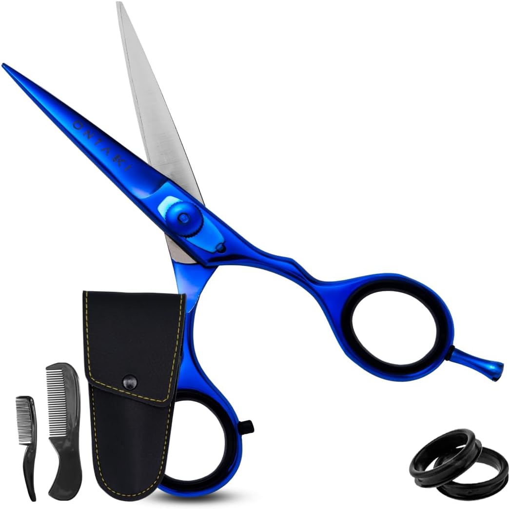 Ontaki Beard & Mustache Scissors for Men - 5.5" Japanese Steel, Midnight Blue - Sharp Blades, Ergonomic Finger Rest & Adjustable Tension Screw for Perfect Trimming - Beard Grooming Scissors