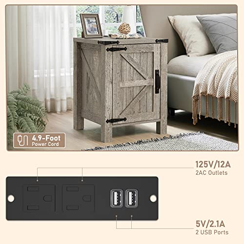 OKD Nightstand with Charging Station, 18 Inch Farmhouse End Table with Barn Door and Adjustable Storage Shelf, Rustic Wood Sofa Side Table w/Magnetic Door for Living Room, Bedroom, Light Rustic Oak - Thumbnail 6