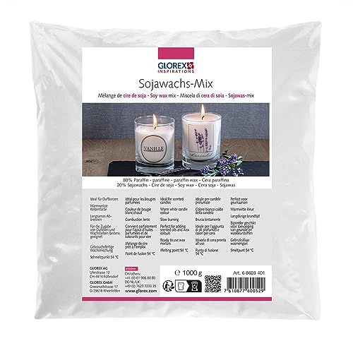 Glorex GmbH GLOREX 6 8603 401-Mezcla Soja, 1000 g, Mezcla Lista para Usar, de Color Blanco cálido, Buena Calidad de combustión, Punto de fusión 54°C, para la fabricación de Velas, Cera, Multicolor