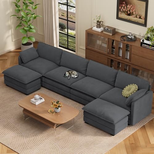 Image of Gizoon 4 Seater Modular Sectional Cloud Sofa with 2 Movable Ottomans U Shaped Corduroy Deep Seat Sofa Couches with Double Layer Upholstered Seat Cushion, Pet-Friendly Fabric, Gray
