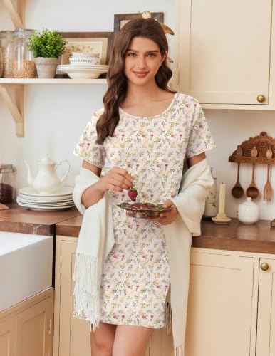Image of Ekouaer Cotton Nightgowns for Women Short Sleeve Sleepshirts Soft Sleepwear