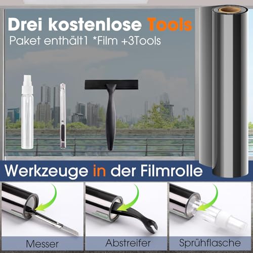 Cycbiki UV Schutzfolie Spiegelfolie Fenster Sichtschutz 100x200cm Hitzeschutzfolie Fenster Sonnenschutzfolie Fenster innen & außen Selbsthaftend Rückstandslose Fensterfolie für Ihre Haus/Büro Silber