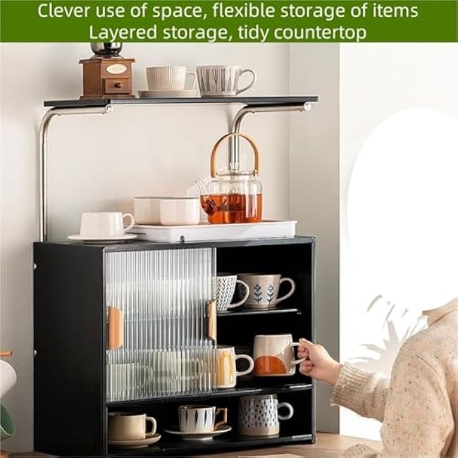 4-Tier Small Bamboo Kitchen Pantry Sideboard with Door Kitchen Countertop Organizer Freestanding Storage Cabinet for Spice Seasoning Bottles Dishes Bowls Elegant(Brown)