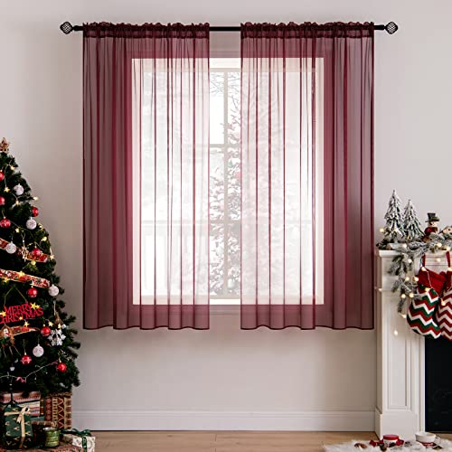 MIULEE 2 Panels Solid Color Sheer Christmas Window Curtains Elegant Window Voile Panels/Drapes/Treatment for Bedroom Living Room (54X63 Inches Wine Red)