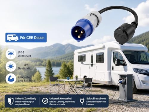CEE Kabel Adapter Stecker auf Schutzkontakt-Kupplung IP44 Electraline spritzwassergeschützt I H07RN-F 3G2,5 / 16A für Camping,Caravan und Wohnwagen etc – Bild 3