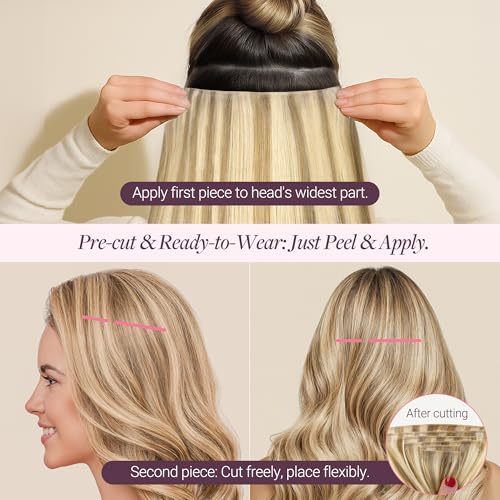 Image of GOO GOO Tape In Weft Hair Extensions Human Hair, Genius PU Long Weft Tape In Hair Extensions Real Human Hair, Silky Easy to Use, P16 /22A Light Blonde Highlighted Golden Blonde 16 inch 50g 2pcs