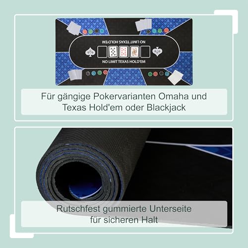 Relaxdays Pokermatte, 120x60 cm, Texas Hold'em, rutschfest, wasserfest, Pokerteppich mit Hülse, 10 Spieler, blau/schwarz
