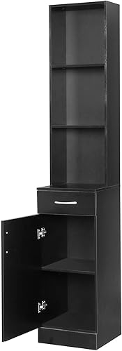 Miniatura 9 de Armario alto de baño, gabinete estrecho de lino delgado con estantes abiertos de 3 niveles y cajón, torre de lino independiente para baño, sala de