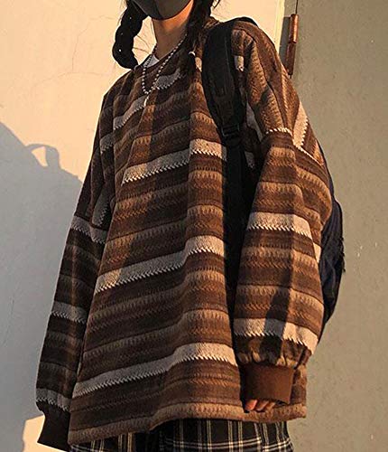 Cylady Women Striped Sweatshirt Pullover Oversize Sweater Plus Size Knitted Long Sleeve Tops Black #TOP2