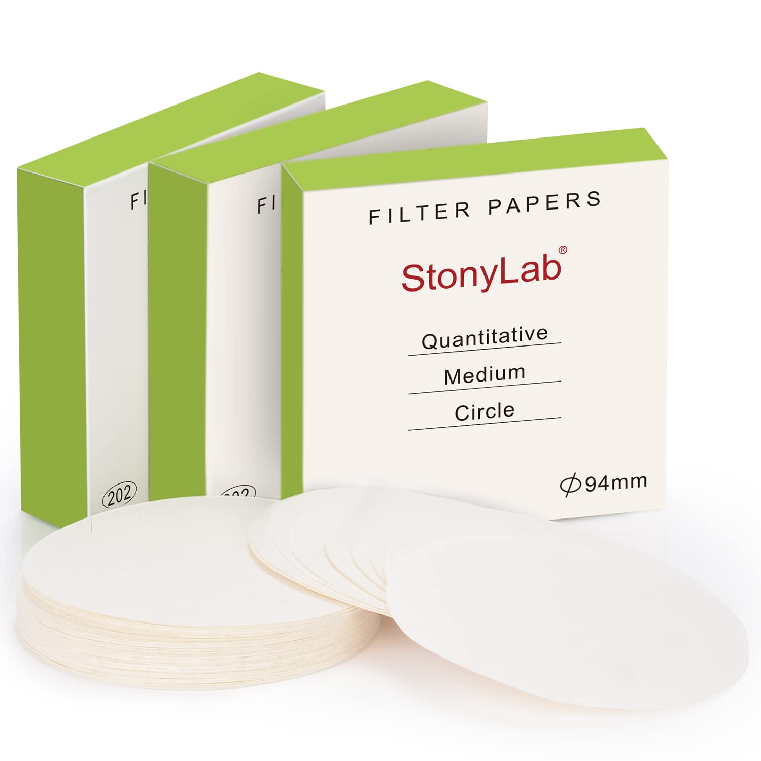 stonylab Quantitative Filter Paper Circles, 3-Box 94 mm Diameter Cellulose Filter Paper with 20 Micron Particle Retention Medium Filtration Speed, Set of 3 x 100 Pcs