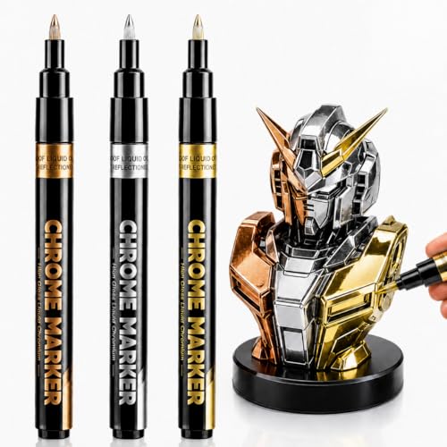 HOTU Liquid Chrome Markers Pens 3 Colors Gold Silver Copper Permanent Mirror Chrome Paint Pens for Smooth Surfaces: Model Metal Wheel Painting Plastic Leather Jewelry Touch-Up