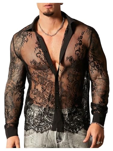 BEAUDRM Men's Floral Lace Sheer Button Down Shirt Long Sleeve Collared Party Going Out Tops Black Large