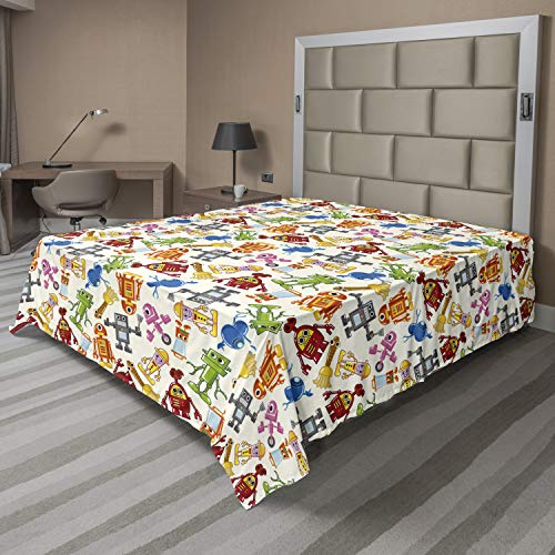 Ambesonne Robot Flat Sheet, Colorful Cartoon Robots Style Theme Futuristic Science Toys Design, Soft Comfortable Top Sheet Decorative Bedding 1 Piece, California King, Multicolor