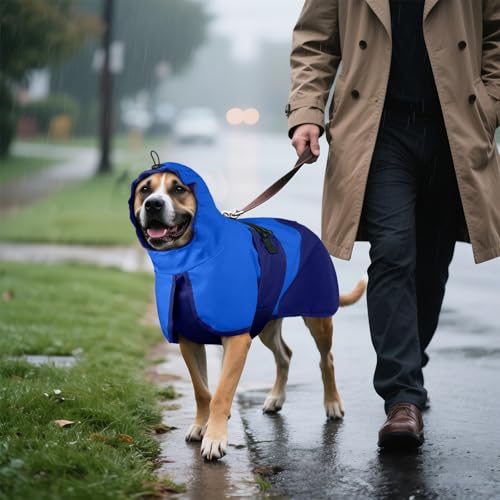 Image of BRKURLEG Dog Raincoat, Waterproof Rain Jacket with Hood, Blue, XXL | Adjustable Windproof Rainproof Jacket with Leash Hole, Reflective Breathable Rain Coat Poncho, for Small to Large Dogs