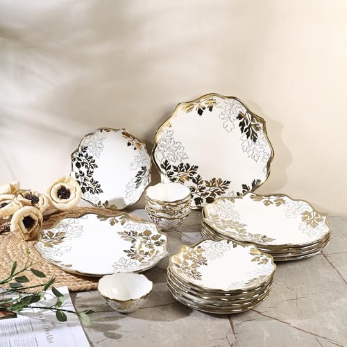 Image of Timeless Elegance Dinner Set, White & Gold, 18 Piece | Gold Plated, Porcelain Crockery with Scalloped Rim, For 6 People, 6 Dinner Plates, 6 Quarter Plates & 6 Veg Bowls, DSS01