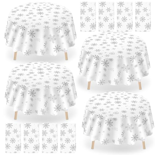 Ganeen 12 Pcs White Snowflake Round Tablecloth 84 Inch Plastic Christmas