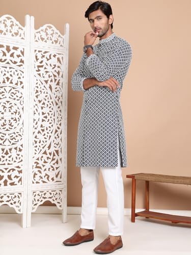Image of Jompers Men's Silk Blend Regular Fit Sequin Chikankari Front Open Kurtas