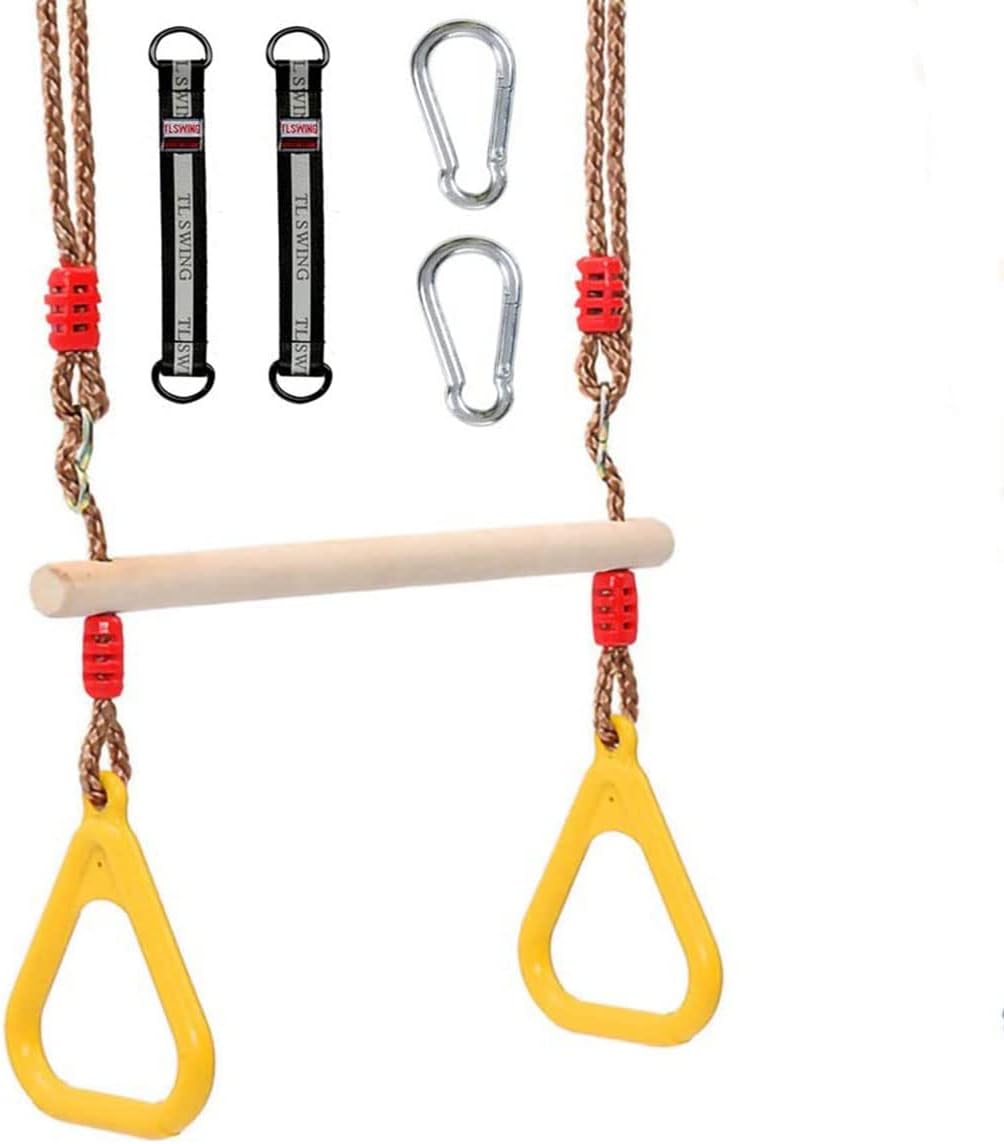 Trapeze bar,Morwealth Multifunctional Children's Wooden Trapeze Swing with Plastic Rings Gymnastics Rings for Hanging Up to 120 kg for Indoor and Outdoor Use