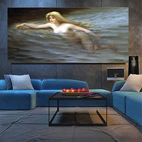Nude Wall Art In Water Sexy Erotic Blonde Woman Swimming Man Cave Bar Studio Oil Painting Decoration Canvas Painting Wall Art Poster For Bedroom Living Room Decor 24X48Inch(60X120Cm) Frame-Style #TOP1