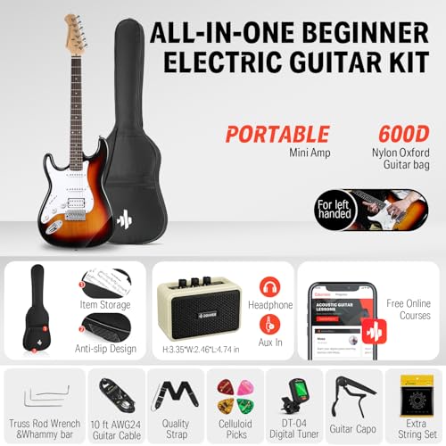 donner 39 inch left-handed electric guitar kit solid body sunburst lefty beginner set full-size with amplifier online lesson bag digital tuner capo strap string cable picks dst-100sl