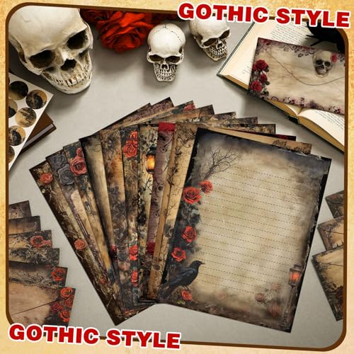 Image of TaoBary 160 Pcs Stationery Paper Set 50 Double Sided Stationery Papers with 50 Matching Envelopes and 60 Round Dot Sticker, 10 Design(Gothic Style,8.5 x 11 Inch)