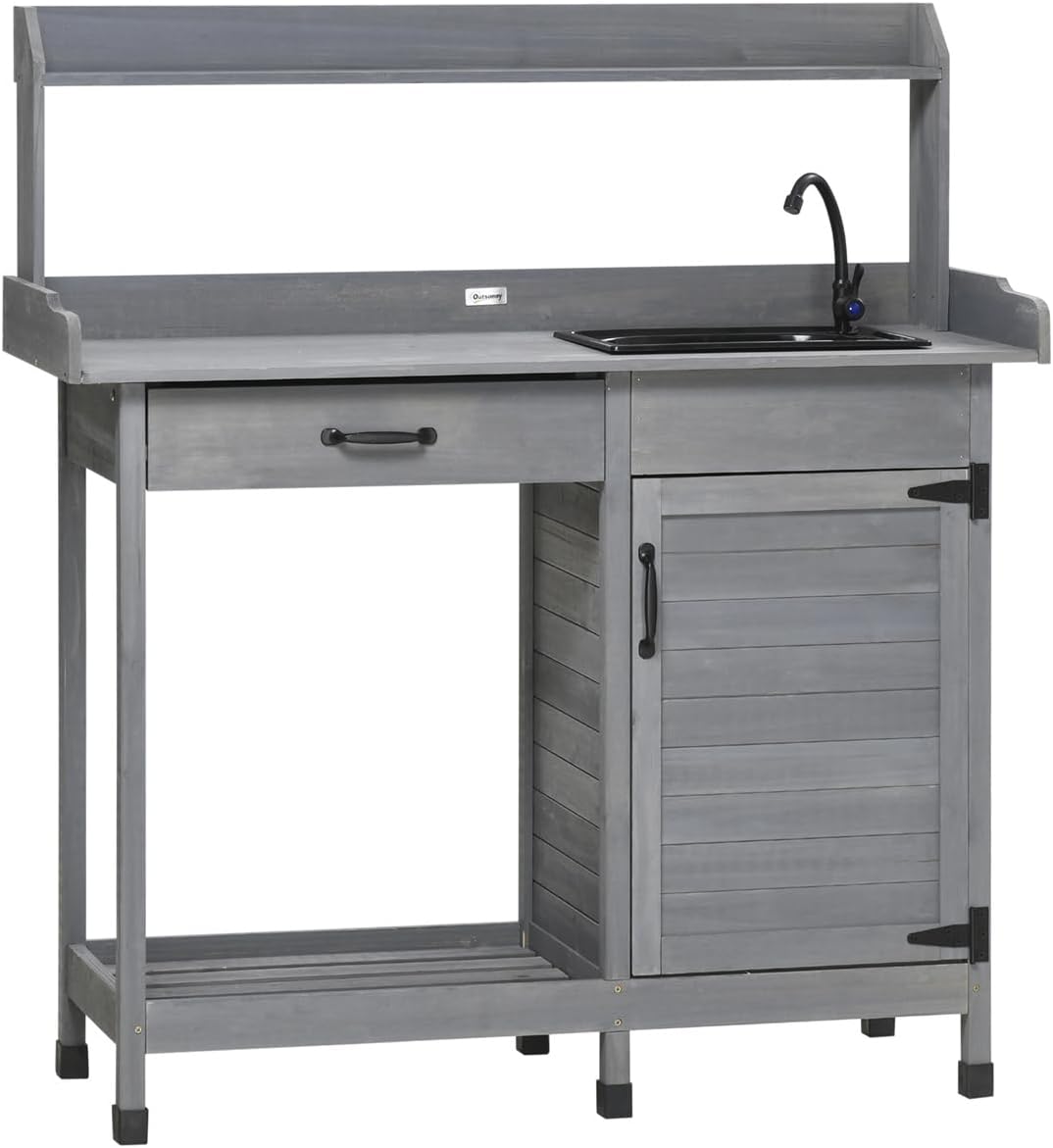 Outdoor Potting Bench with Storage Cabinet, Sink, Faucet and Hooks (Grey, 44.5" Length)