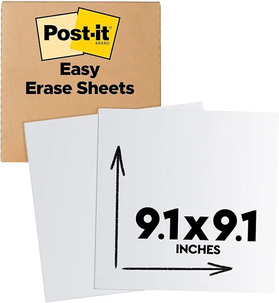 Post-it Easy Erase Whiteboard Sheets, 2 Pack, 9.1 x 9.1 in, Instant Whiteboard, Use Dry Erase and Permanent Markers (EE-SH-2PK-SIOC)